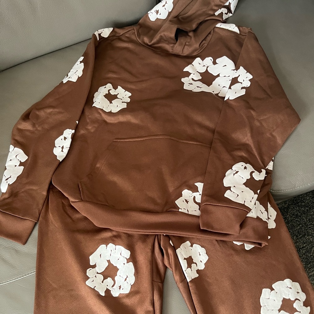 Kids Brown Hooded Pajama Set with White Floral Prints